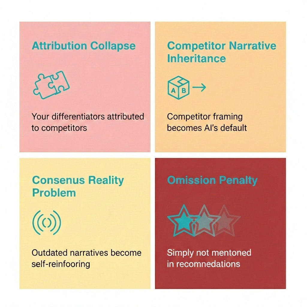 The Four Crises: Attribution Collapse, Competitor Narrative Inheritance, Consensus Reality Problem, and Omission Penalty
